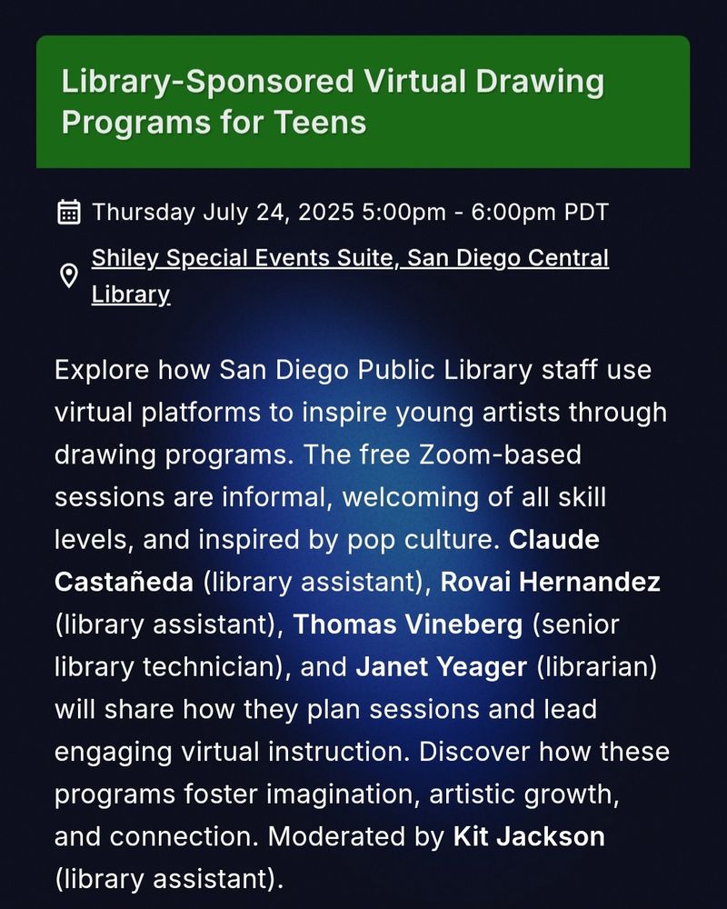 screenshot of the SDCC schedule. Reads: Library-Sponsored Virtual Drawing Program for teens and a description of the event. It is at Thursday July 24 2025 5-6pm in the Shirley Special events Suite at the San Diego Central Library 