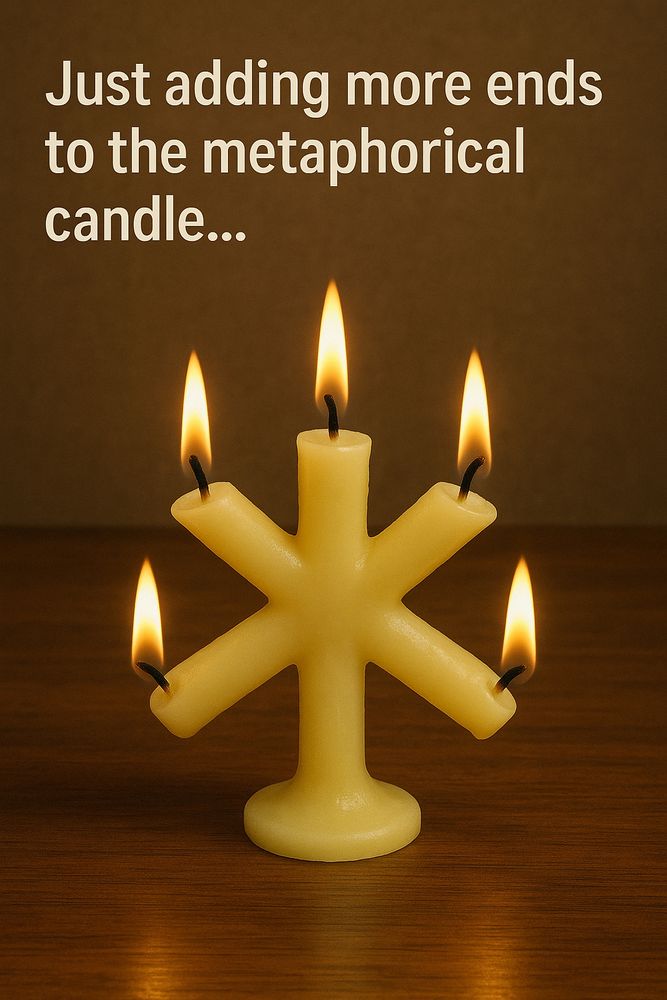 A candle in the shape of an asterisk with 5 burning ends