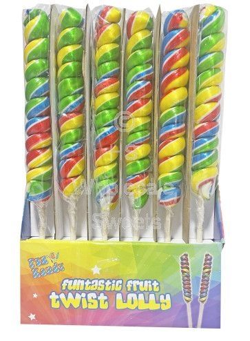 A box of tall twirly lolly pops in rainbow colours
