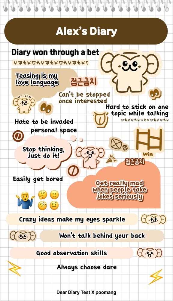 An image of a gridded sheet of paper, in the top center it says "Alex's Diary" underneath is a list of character traits that supposedly belong to Alex. "Teasing is my love language" "Can't be stopped once interested" "Hard to stick on one topic while talking" "Hate to be invaded personal space" "Easily get bored" "Stop thinking, just do it!" "Get really mad when people take jokes seriously" "Crazy ideas make my eyes sparkle" "Won't talk behind your back" "Good observation skills" "Always choose dare"

The page is littered with various images, the top right has some kind of bear creature below it is a set of cardboard eyes, on the left is some Japanese text that reads "No access" underneath that is another pair of cardboard eyes alongside another bear creature and a no entry sign to the right is a cardboard mouth with its tongue poking out below that is cardboard sticker of a couple envelopes on the right of that is some kind of ladder below and to the left is some kind of party popper and to the left of that is another bear and a no entry sign down and left is a shrug emoji and four face emojis a curious face a smiley face a curious face with a monocle and a raised eyebrow face below it is several more bears but only the heads and two lightning bolts on either side of the page. Right at the very bottom it reads "Dear Diary Test X poomang"
