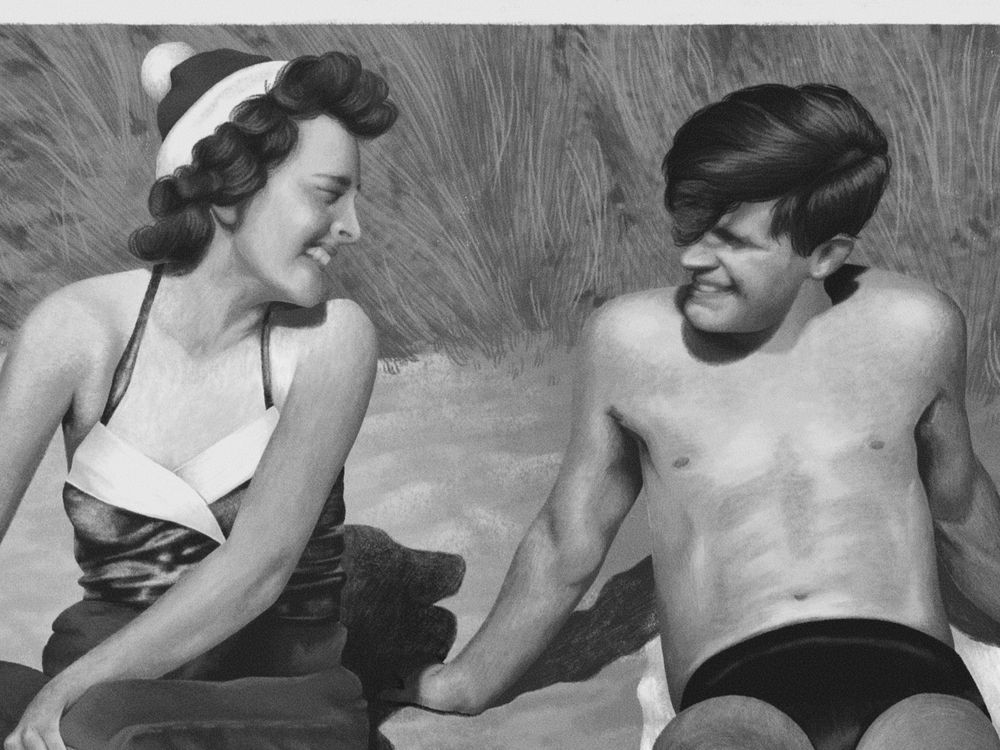 A black and white drawing of a young couple sitting on a beach, looking into each other's eyes. Grass and reeds are behind them.