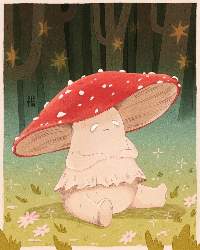 A little mushroom creature sits quietly contemplating in a forest clearing