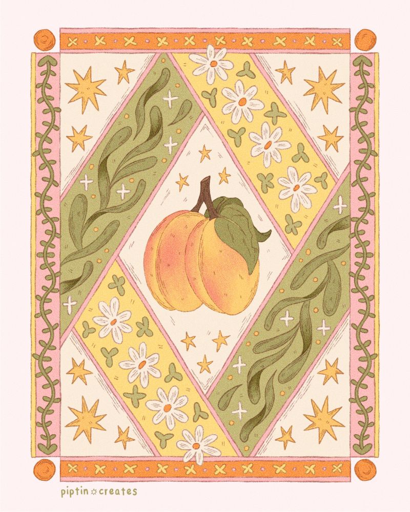 Apricot tile illustration with decorative borders and star details.