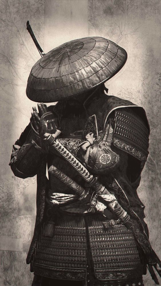 A stylized, ink-toned depiction of Yasuke, a samurai warrior in traditional armor, wearing a conical hat that obscures most of his face. He is holding both hands in front of his chest in prayer. Two swords are sheathed at his side. The armor is detailed with intricate patterns and textures. The background is muted, drawing focus entirely to the figure.