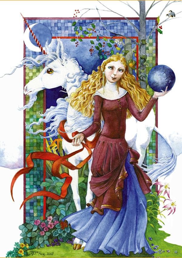 Drawing of a woman and a unicorn by artists Margaret Organ-Kean.
The unicorn is white with long silver hairs floating in the wind. Its horn is thin with red/white stripes. It has a big brown eye.
The woman has long blond hairs, and a long dress that's purple on the top and blue on the bottom. She holds a very long red ribbon in one hand and a big blue orb in the other.
Plants and flowers can be seen on the background, as well as a moon crescent on a deep blue sky.