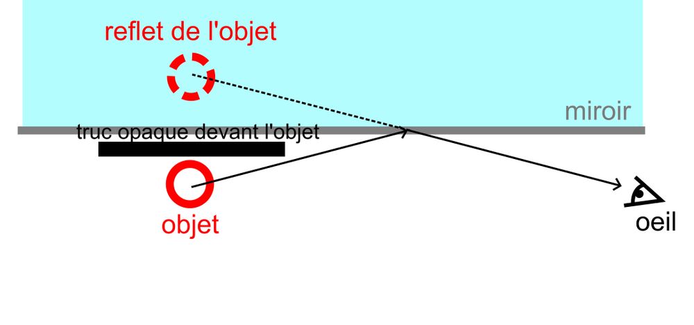 Mais si on se déplace en s'approchant suffisamment du miroir, on peut retrouver une position où il existe des rayons qui partent de l'objet et qui arrivent dans notre œil : l'image de l'objet dans le miroir réapparait alors !