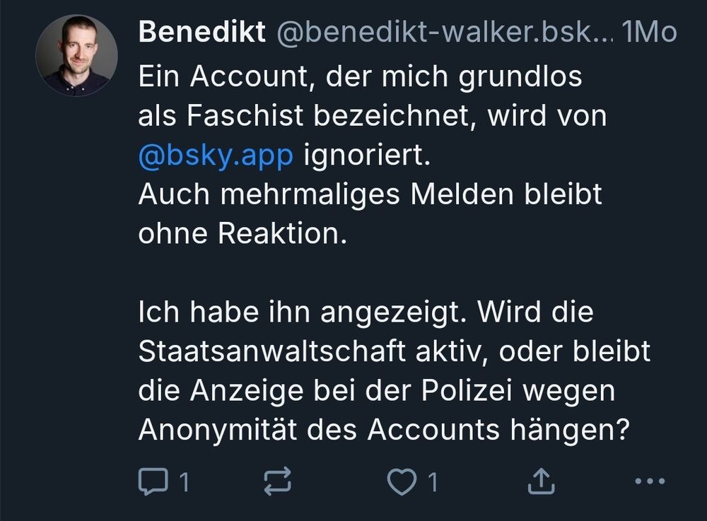 anderer post von benedikt mit viel blabla in dem er sich beschwert faschist genannt worden zu sein, aber irgendwie kein interesse mehr hat die entsprechende person mit ihren eigenen worten zu delegitimieren. jetzt doch lieber anzeige 
