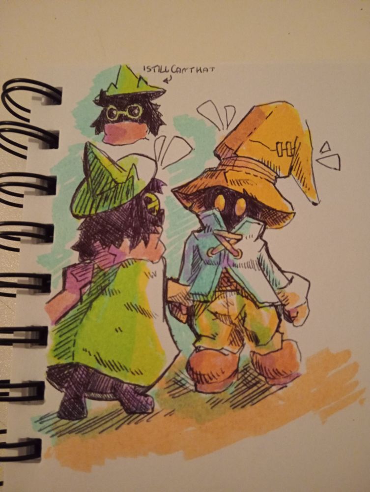 Artwork is of Ralsei from Deltarune, meeting and talking with Vivi Ornitier from Final Fantasy 9! Accompanied with a small doodle at the top of Ralsei with the text
"I still can't hat" <- I still can't draw his hat 💀

This piece was an experimental one featuring pastel highlighters!