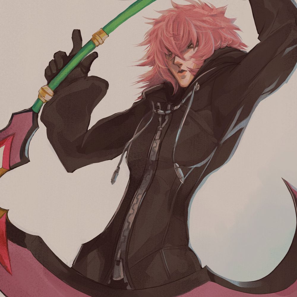 Marluxia (from Kingdom Hearts) holding his scythe- the Graceful Dahlia, upside down from a bottom-up view.
His eyes are obscured by shadow, yet are golden and looking down in a dismissive manner. 