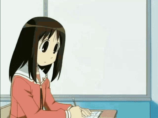 a cartoon girl is sitting at a desk with a pen in her hand