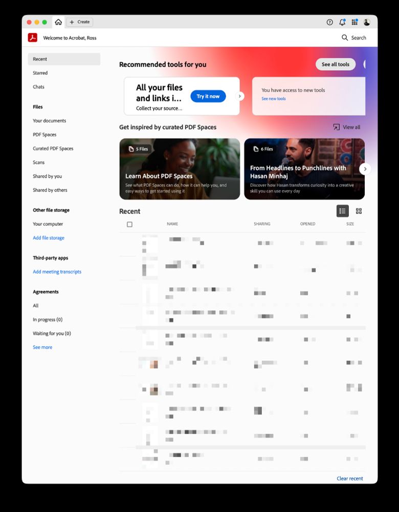The "Home" screen of Acrobate, which as well as telling me about the new tools I have access to, also bizarrely had ads for 'Curated PDF spaces', a thing I know I will hate.