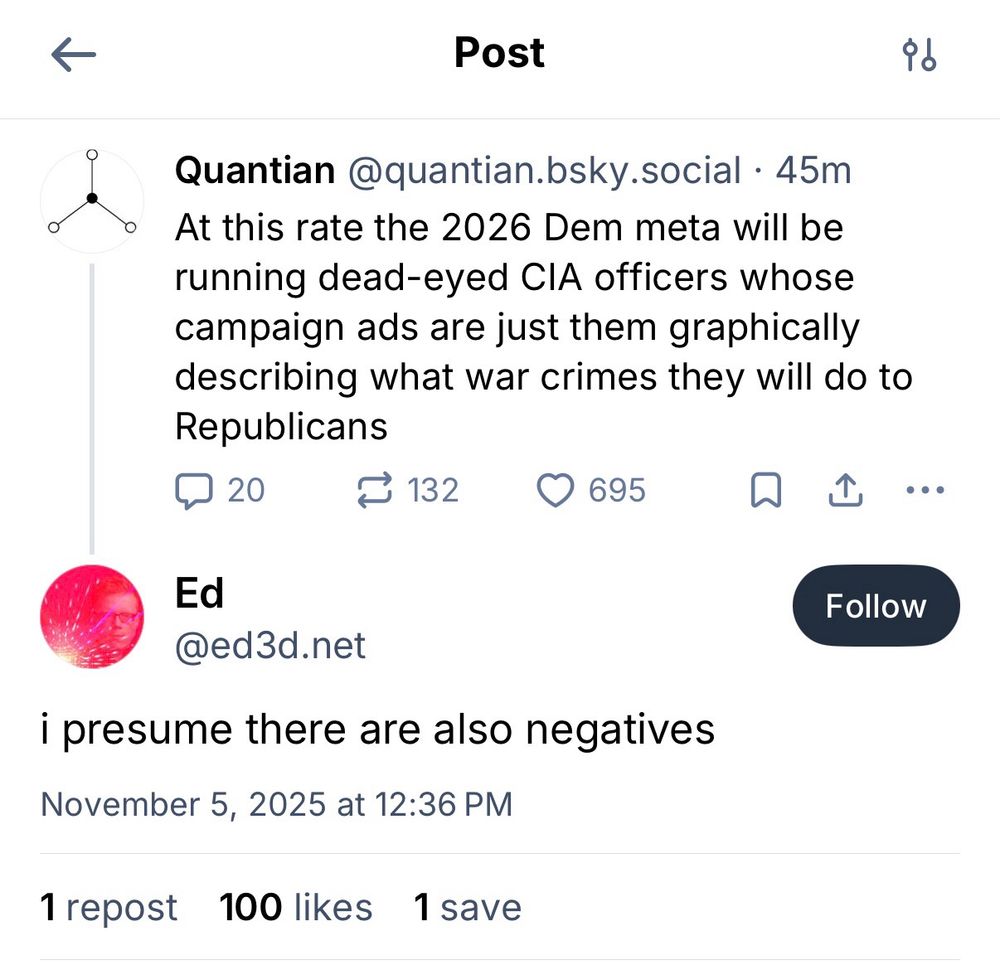 Quantian @quantian.bsky.social • 45m
At this rate the 2026 Dem meta will be running dead-eyed CIA officers whose campaign ads are just them graphically describing what war crimes they will do to Republicans
20
10 132
› 695
• • •
Ed
@ed3d.net
i presume there are also negatives
November 5, 2025 at 12:36 PM
1 repost 100 likes 1 save