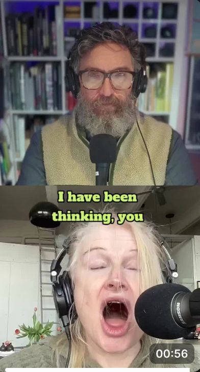 9:16 format image. Two people. Top is me, a bearded man looking intently at camera. Bottom is a lady so white that you can see when her heart beats. Her eyes are closed and her mouth is open SO WIDE. 
