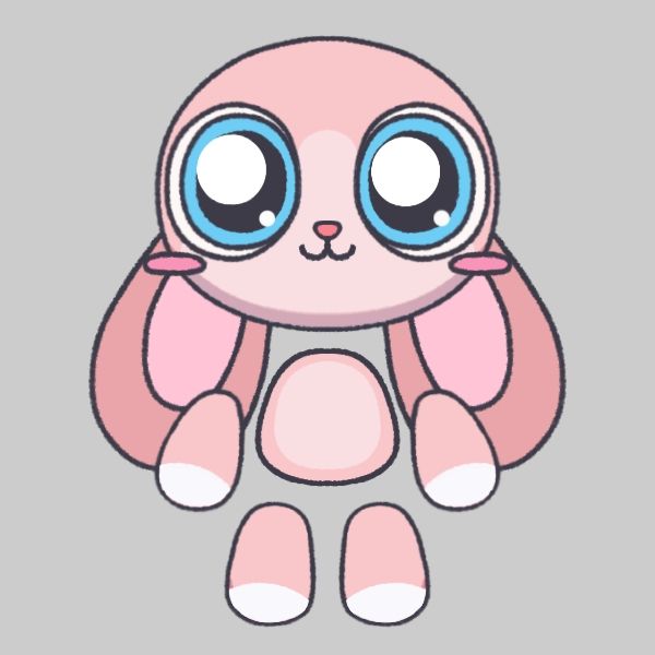 Desenho/boneco picrew de coelhinho rosa zoiúdo, olho azul, bochecha rosa, orelhas longas para baixo, barriga rosa mais claro e braços e pernas com as extremidades brancas