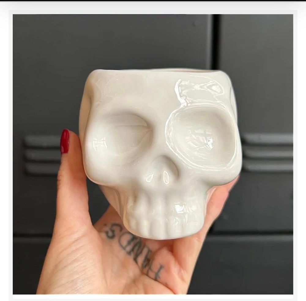 Foto de uma caneca de crânio vista de frente (igual um crânio, porém de cerâmica rs, parte de cima reta pois é uma caneca).