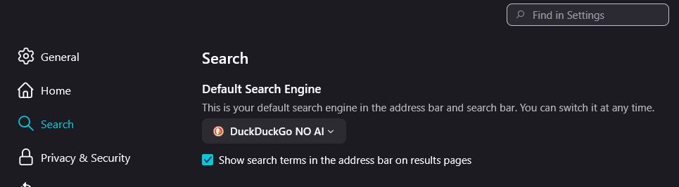A screenshot of Firefox's settings menu in the "Search" submenu, with the Default Search Engine option showing "DuckDuckGo NO AI" selected. 