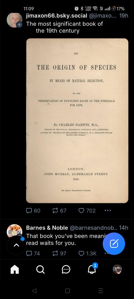 A screenshot of BlueSky Mobile with a picture of the cover to the origin of species by Charles Darwin posted by jimaxon66 followed by a message from Barnes & Noble saying "that the book you've been meaning to read waits for you"