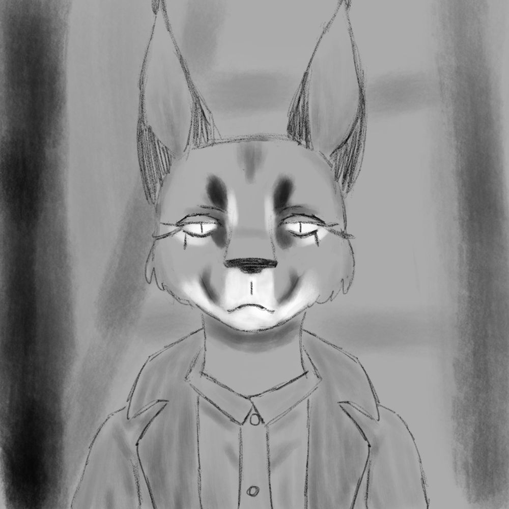 Monochrome sketch of an anthropomorphic caracal walking down the street, he's wearing a button-up shirt with an open trench coat.