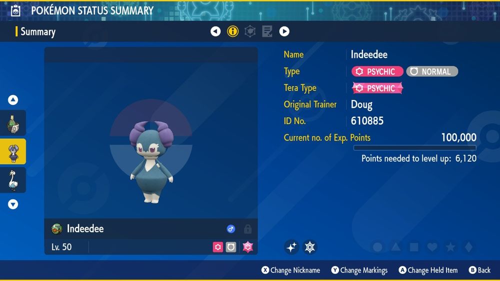 Versão shiny do pokémon Indeedee (macho) no jogo Pokémon Violet