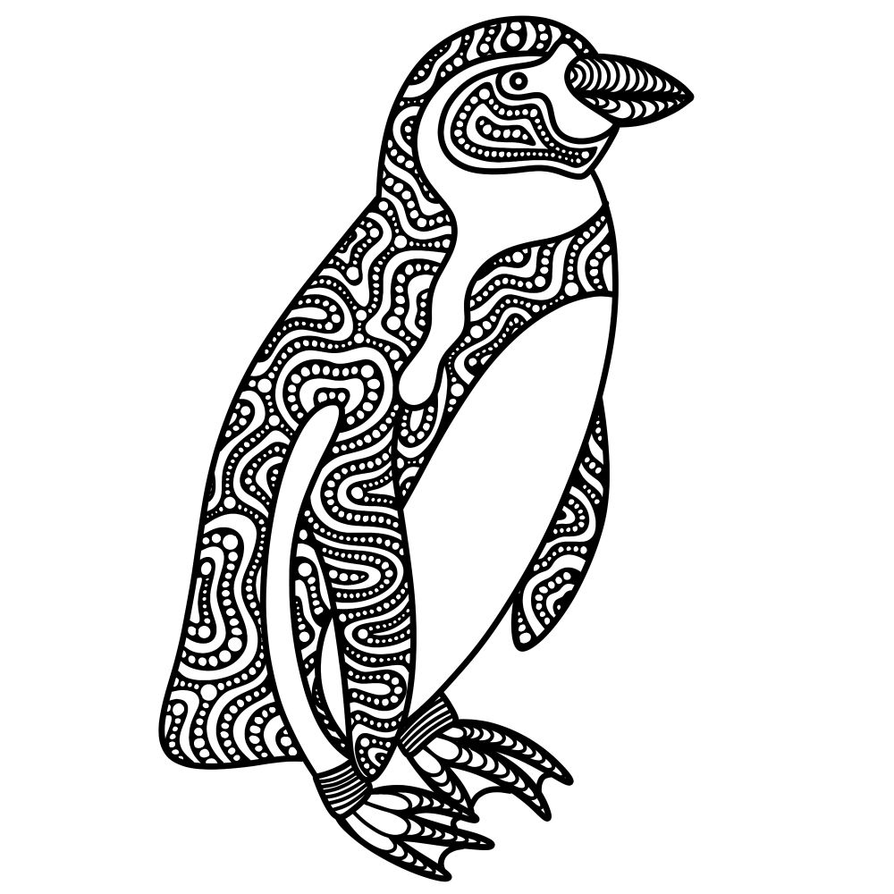 A psychadelic-ish drawing of a penguin with swirling patterns inside the black parts of its feathers.