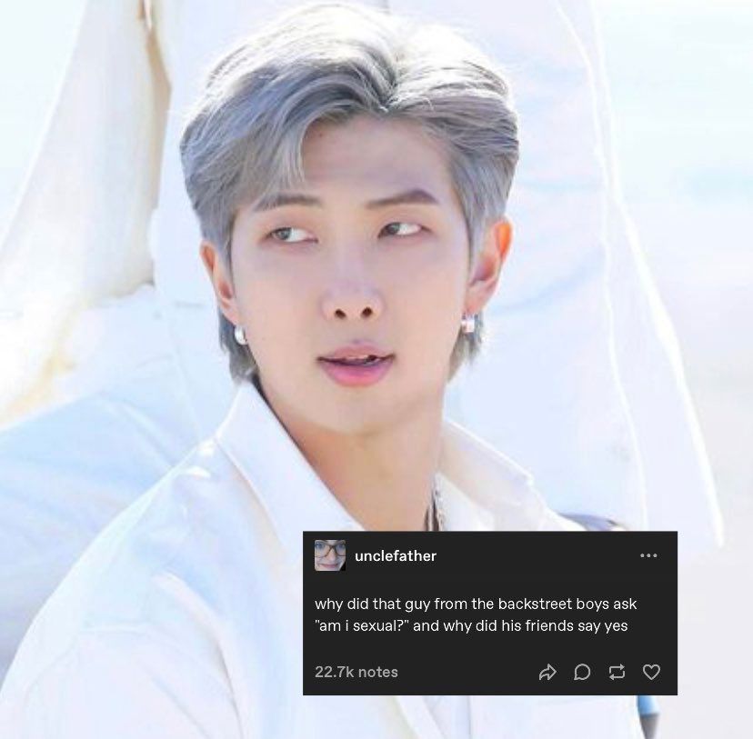 Picture of Namjoon with a tumblr post over it that reads:

“why did that guy from the backstreet boys ask "am i sexual?" and why did his friends sav yes”