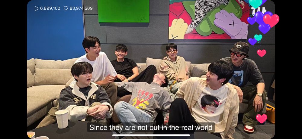 A picture of BTS from their OT7 REUNION LIVE where they have never heard of the concept of personal space and Jimin is touching five people at once 