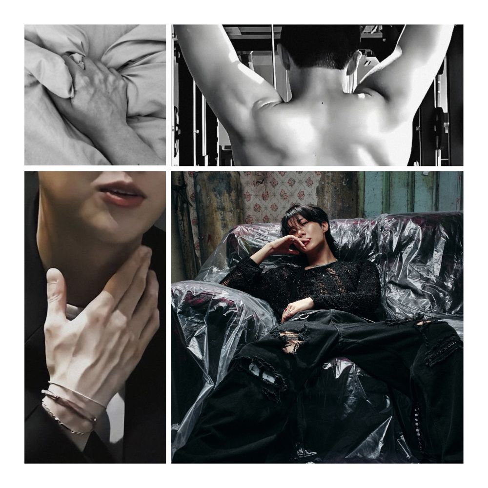 Four image mood board

Top left corner is a black and white photo of a hand clutching bedsheets
Top right corner is a black and white still of Namjoon doing pull ups
Bottom left is a close up of Yoongi’s hand near his own throat 
Bottom right is Hoseok from the killin’ it girl promotional shoot where he has his legs spread wide open on a couch giving the camera bedroom eyes