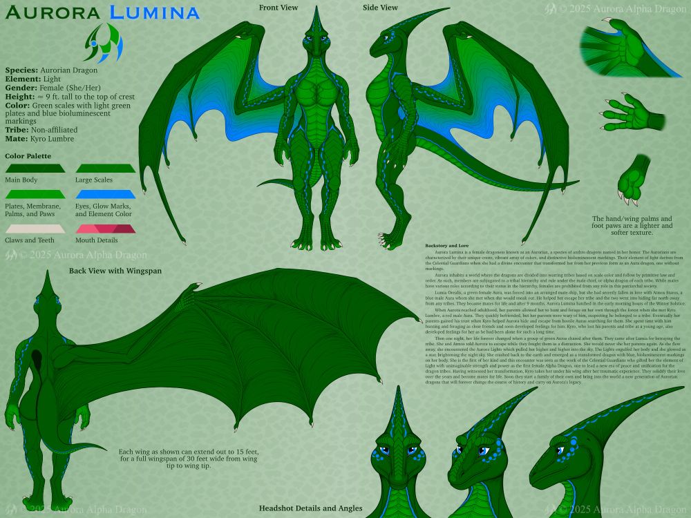 A flat color character reference sheet of Aurora Lumina, a female anthro dragoness with green scales and blue bioluminescent markings on her body. The ref sheet includes various profile views of Aurora from the front, side and a new view from the back with her extended wing. In addition, it features details regarding her palms and paws, headshots at different angles, and a section on her background story and lore.