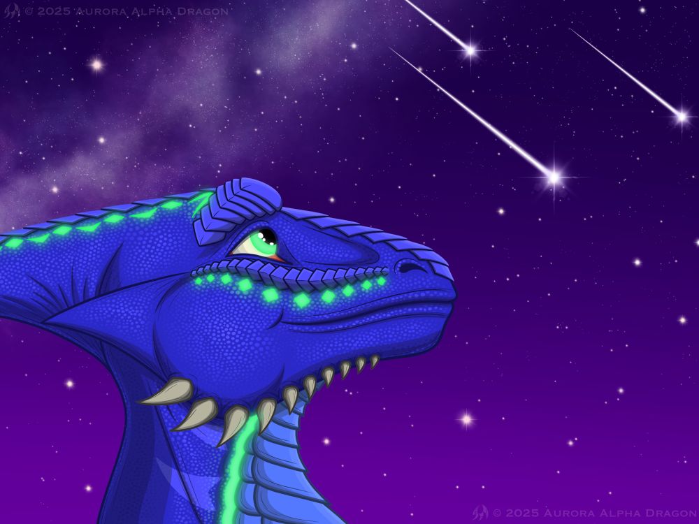 A portrait, line art drawing of Edalio, a male anthro dragon with a crested head, blue scales, and green bioluminescent markings. He is looking upwards at the night sky with hundreds of stars shimmering and a couple of shooting stars streaking across the sky. 