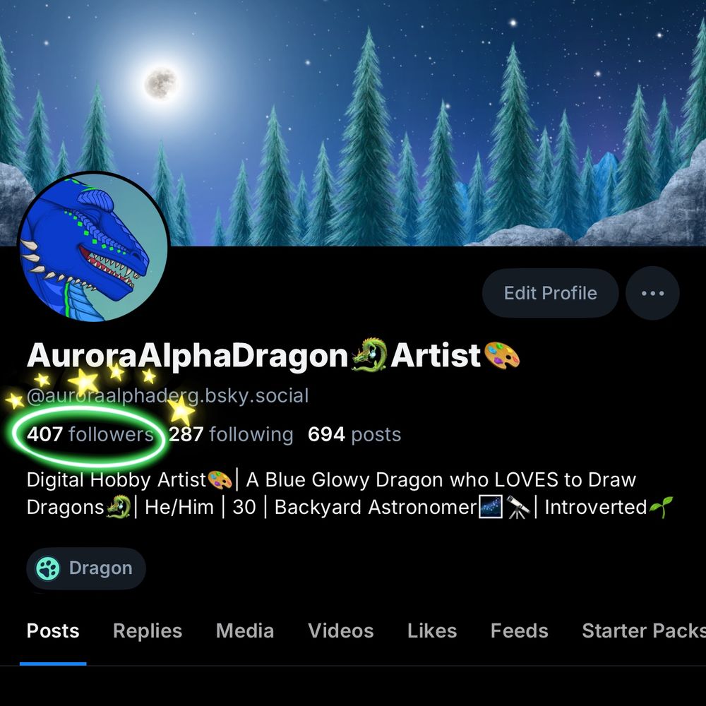 A screenshot of my BlueSky profile with the follower count reading “407 Followers” circled in neon green. 