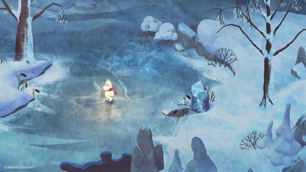 Moomintroll standing on ice in a beautiful winter landscape