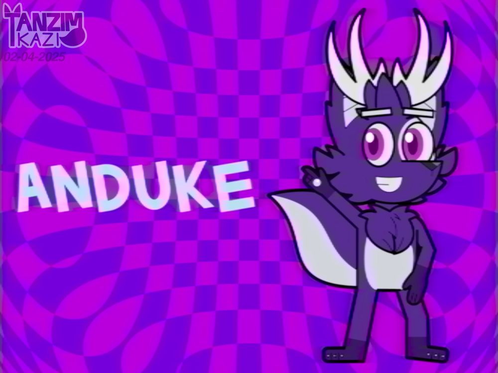 Anduke, in the other "Crystal" style, against a purple background with a checkerboard pattern. He is dancing next to the letters that spell his name. The video effects simulate the recording of something from the 2000s.