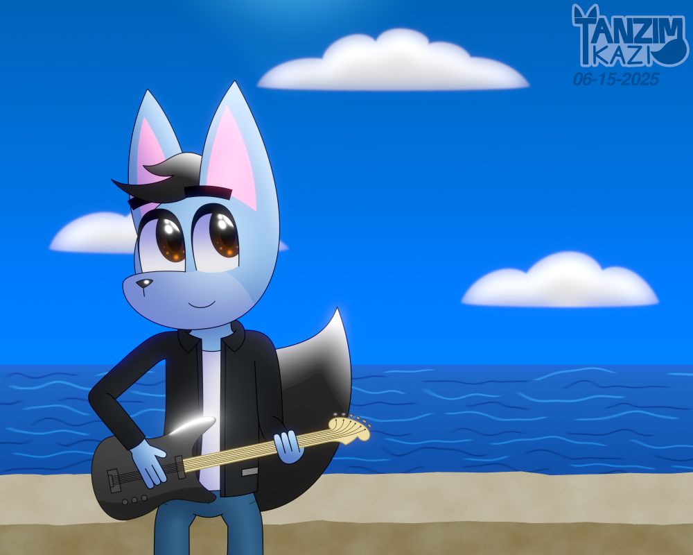 Tanzim Kazi playing a rhythm guitar while sitting on what appears to be a ledge. In the background is the ocean and the blue daytime sky.