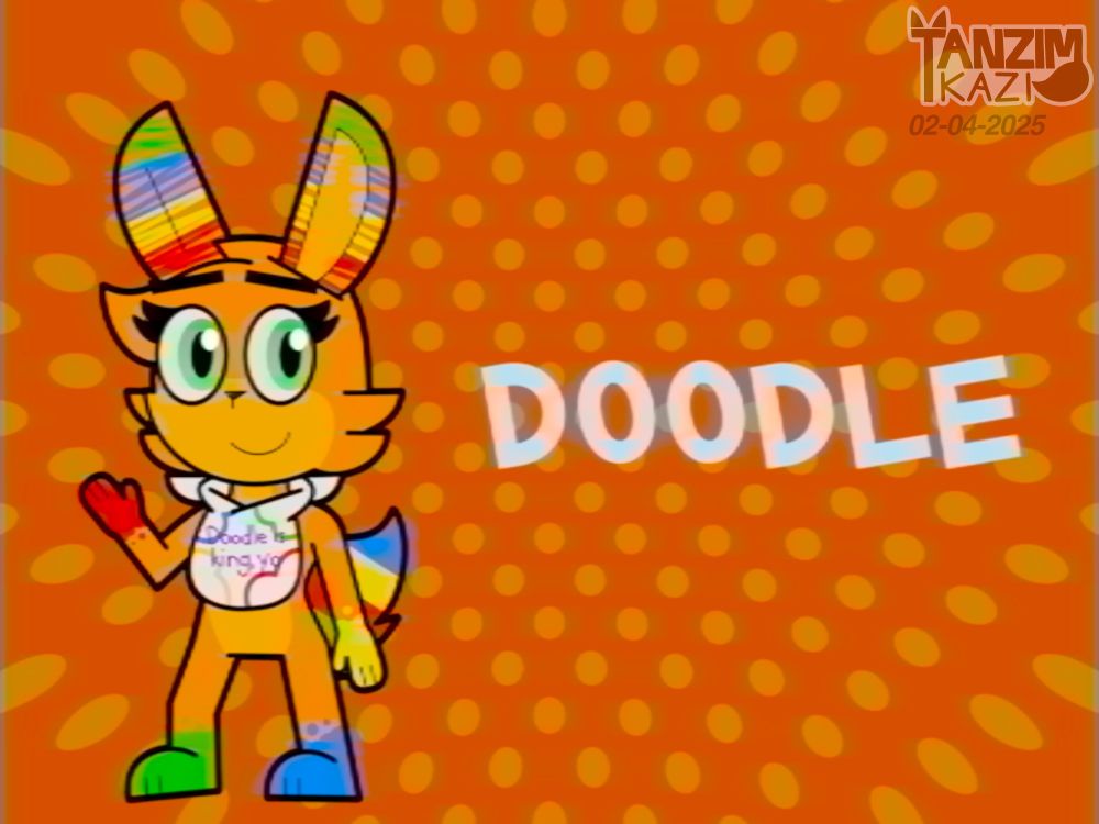 Doodle, in the other "Crystal" style, against an orange background with a circle pattern. She is dancing next to the letters that spell her name. The video effects simulate the recording of something from the 2000s.