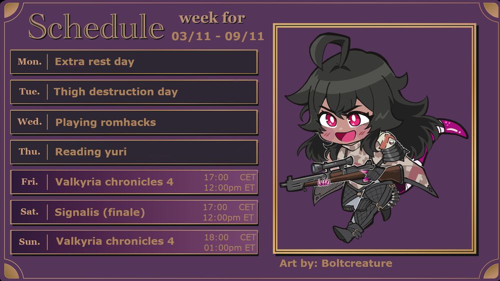 A schedule for the week of 03/11. It features 3 streams. Those on Friday and Saturday start at 17:00 CET, while the one on Sunday starts at 18:00 CET.