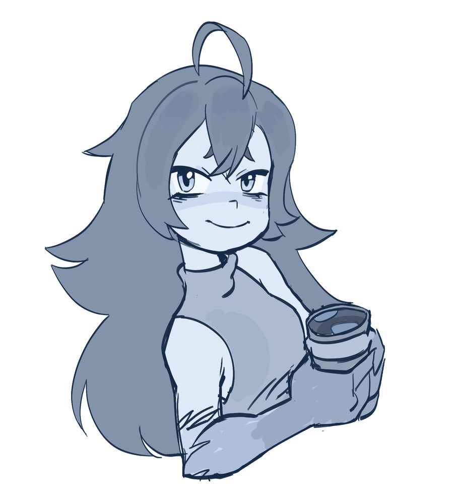Morphia looking tired, holding a cup of coffee and looking content.