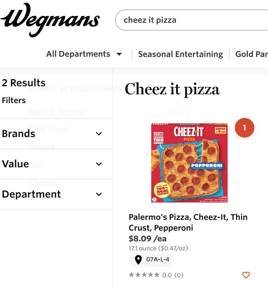 Screenshot of an online Wegmans shopping cart with a pepperoni Cheez It pizza checked off. 