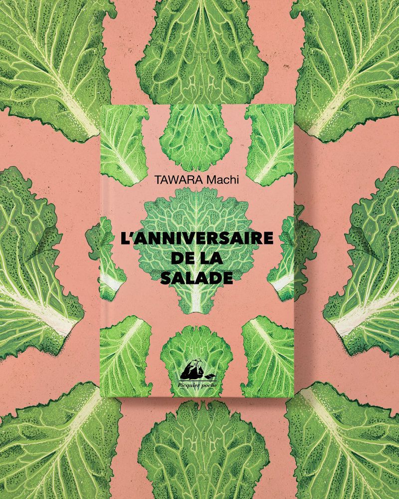 Book cover with detailed, textured Illustrations of lettuce in a repeat pattern on pink background. The book cover has ‘l’anniversaire de la salade’ in black text. In the background is the pattern again as a backdrop. 