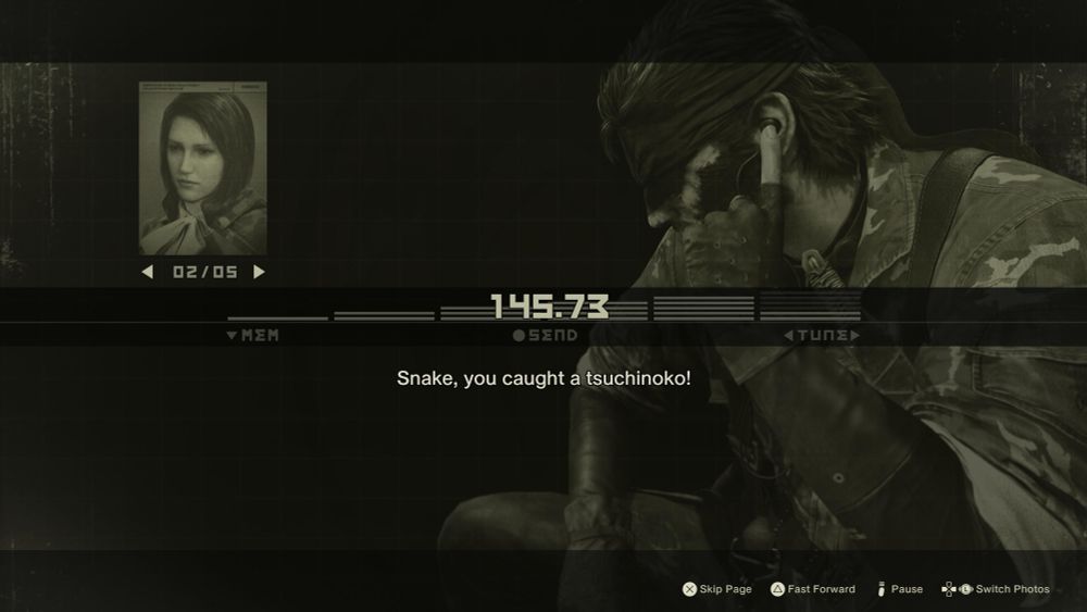 "Snake, you caught a tsuchinoko!" This was spoken by Para-Medic.

(What the heck kind of snake is a tsuchinoko supposed to be exactly?)