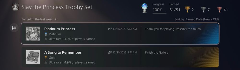 Screenshot proof of me acquiring the platinum trophy for Slay the Princess: The Pristine Cut.