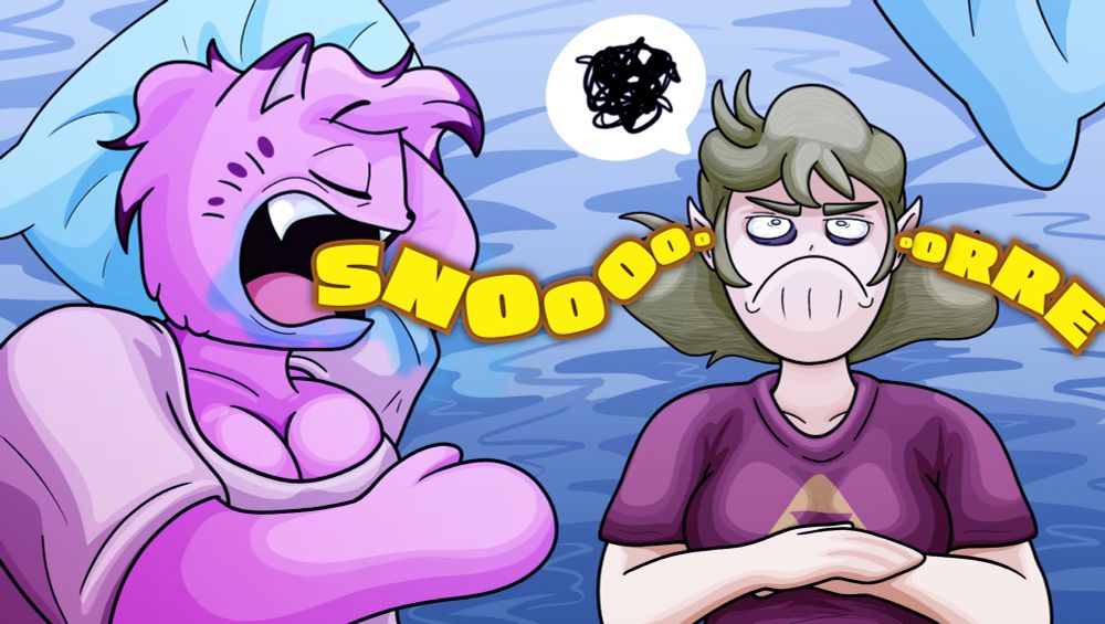 Disaster Twins Shaney, a large pink anthropomorphic cat girl, and Zelduh, a blonde elf-like girl, are spending the night together after a presumably fun day. Shaney is sound asleep, drooling all over herself and snoring loudly into Zelduh’s ear, keeping her awake all night. Zelduh seems understandably pissed, staring up at the ceiling with her hands folded.