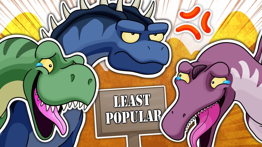 Ark Survival Thumbnail for Veno, featuring a Tyrannosaurus and a Spinosaurus laughing at an Amargasaurus for losing a popularity poll