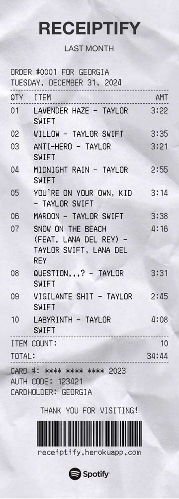 An image of my most played Spotify tracks in December, made to look like a shopping receipt. All songs apart from one is from Taylor Swift’s Midnights album, with ‘willow’ from Evermore featuring as the second most played song. 