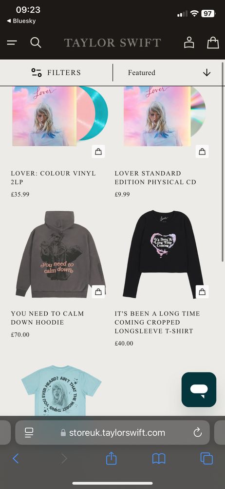 A screenshot taken of Taylor Swift’s UK Lover online store section. It features 5 products: a pink & blue vinyl, a Lover CD, the grey ‘you need to calm down’ hoodie, the black cropped ‘it’s been a long time coming’ t shirt, and a light blue ‘ain’t that the worst thing you ever heard?’ T shirt. There are no other products currently listed in the U.K. shop for ‘Lover’.