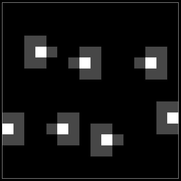 Screenshot of a 16-16 pixel grid. A few pixels are filled in white and for each of those, their 6 hexagonal neighbours are filled grey. For each white pixel this means that either their top/bottom right OR top/bottom left neighbours are left blank