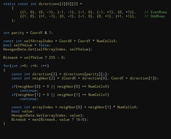 HLSL code snippet:

static const int directions[2][6][2] =
	{
		{{1, 0}, {0, -1}, {-1, -1}, {-1, 0}, {-1, +1}, {0, +1}},	// EvenRows
		{{1, 0}, {+1, -1}, {0, -1}, {-1, 0}, {0, +1}, {+1, +1}},	// OddRows
	};


int parity = CoordY & 1;

const int selfArrayIndex = CoordX + CoordY * NumCellsX;
bool selfValue = false;
HexagonData.Get(selfArrayIndex, selfValue);

Bitmask = selfValue ? 255 : 0;

for(int i=0; i<6; i++)
{
    const int direction[2] = directions[parity][i];
    const int neighbor[2] = {CoordX + direction[0], CoordY + direction[1]};

    if(neighbor[0] < 0 || neighbor[0] >= NumCellsX)
        continue;
    if(neighbor[1] < 0 || neighbor[1] >= NumCellsY)
        continue;

    const int arrayIndex = neighbor[0] + neighbor[1] * NumCellsX;
    bool value;
    HexagonData.Get(arrayIndex, value);
    Bitmask = max(Bitmask, value ? 16:0);
}




