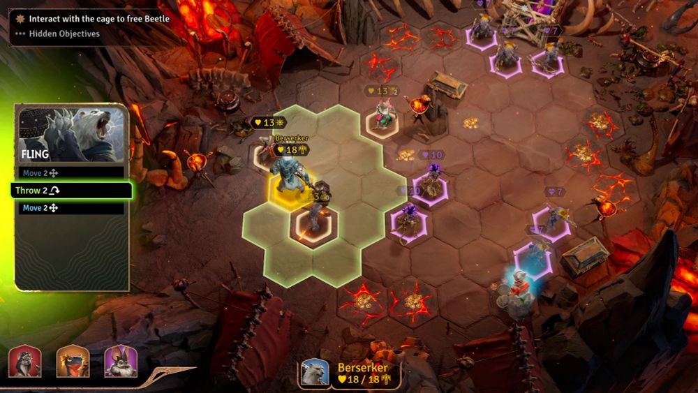 Scene from sunderfolk - a turn based rpg with combat on a hex grid. The effective range of the player's currently selected ability is clearly shown in the tiles with a nice material effect