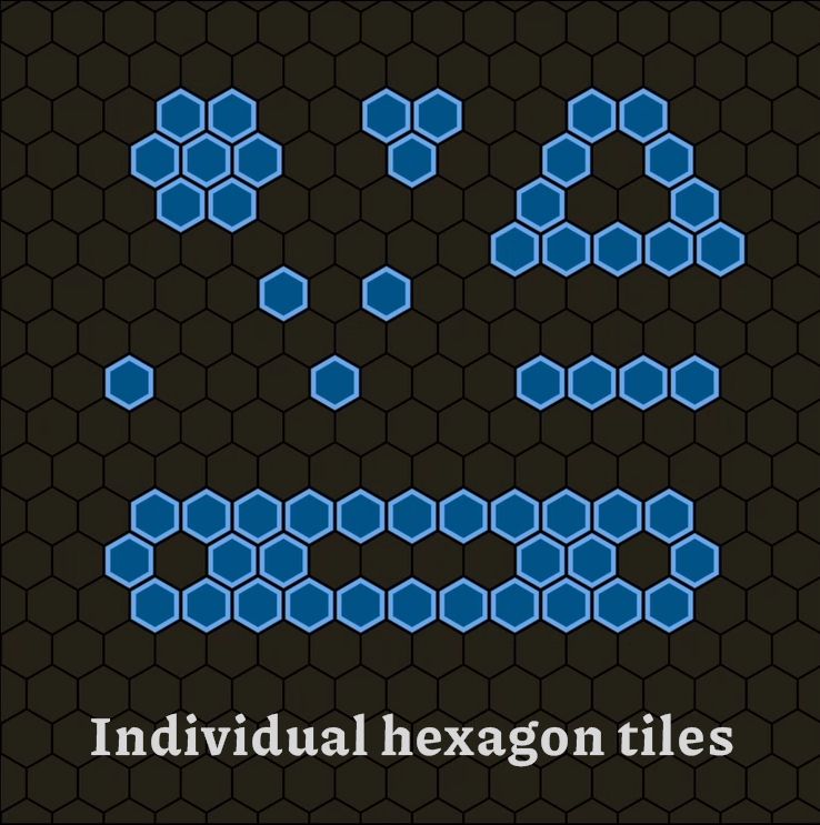 A hex grid with grey background and blue tiles in arbitrary shapes. The blue tiles are rendered as very simple hexagons with a light, hard border