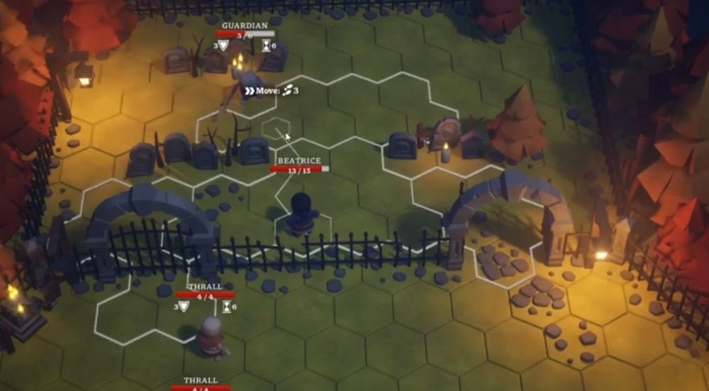 Scene from a tactics videogame played on a hex grid. The player is planning a move and has a visualisation of movement distance