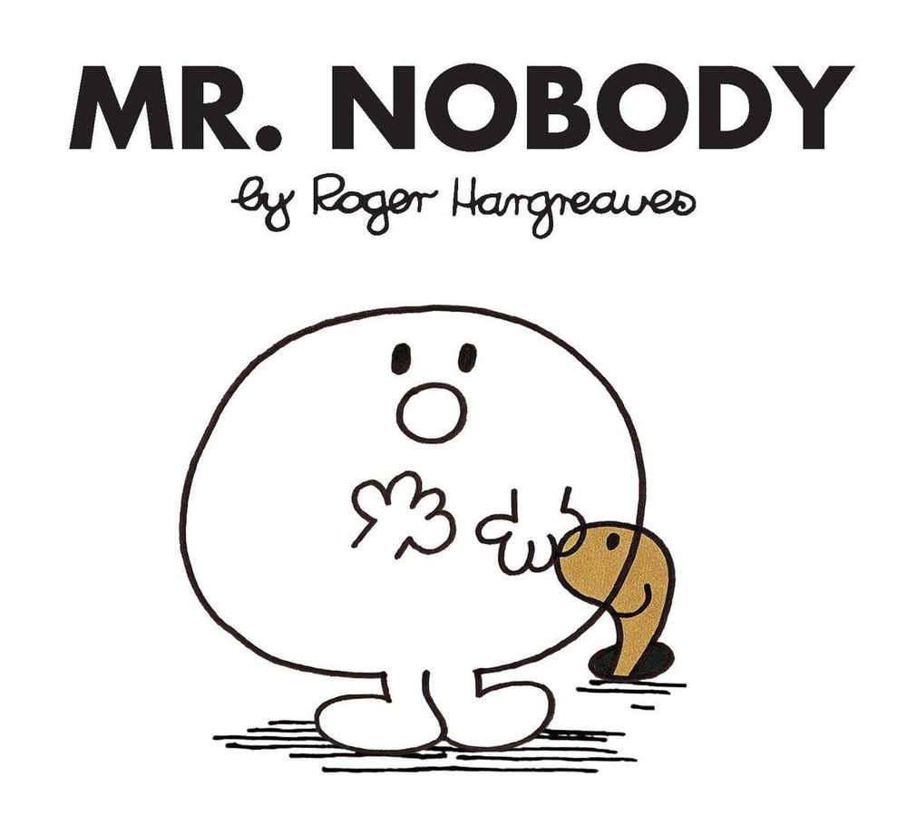 Bookcover image of Mr. Nobody by Roger Hargreaves which illustrates a large, circular figure with a quizzical expression and a worm appearing from a hole